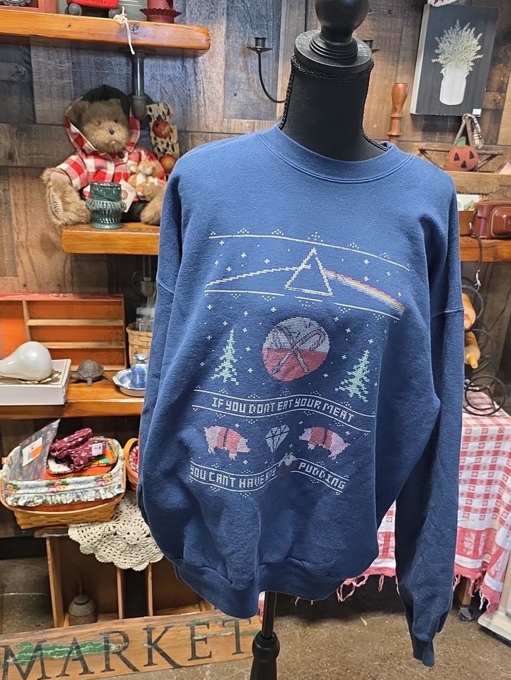 Crewneck Sweatshirt Blue XL "Pink Floyd Hey-yule" Type Graphics, Hanes Brand